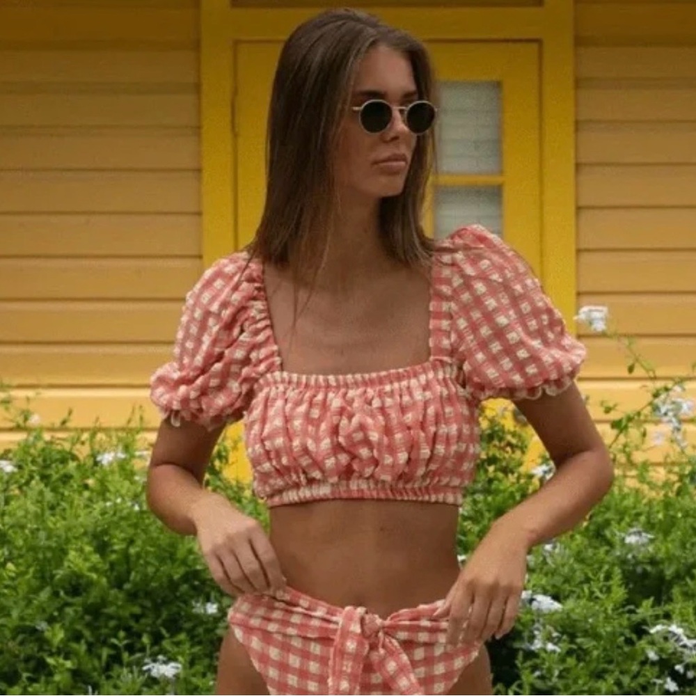 Marcella Gingham Puff Sleeve Crop Top - Pink
